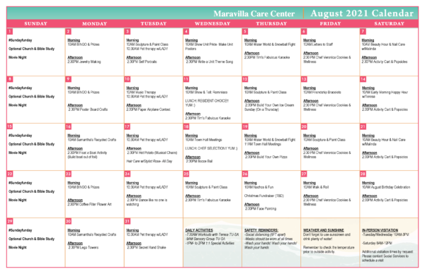 August Activities Calendar