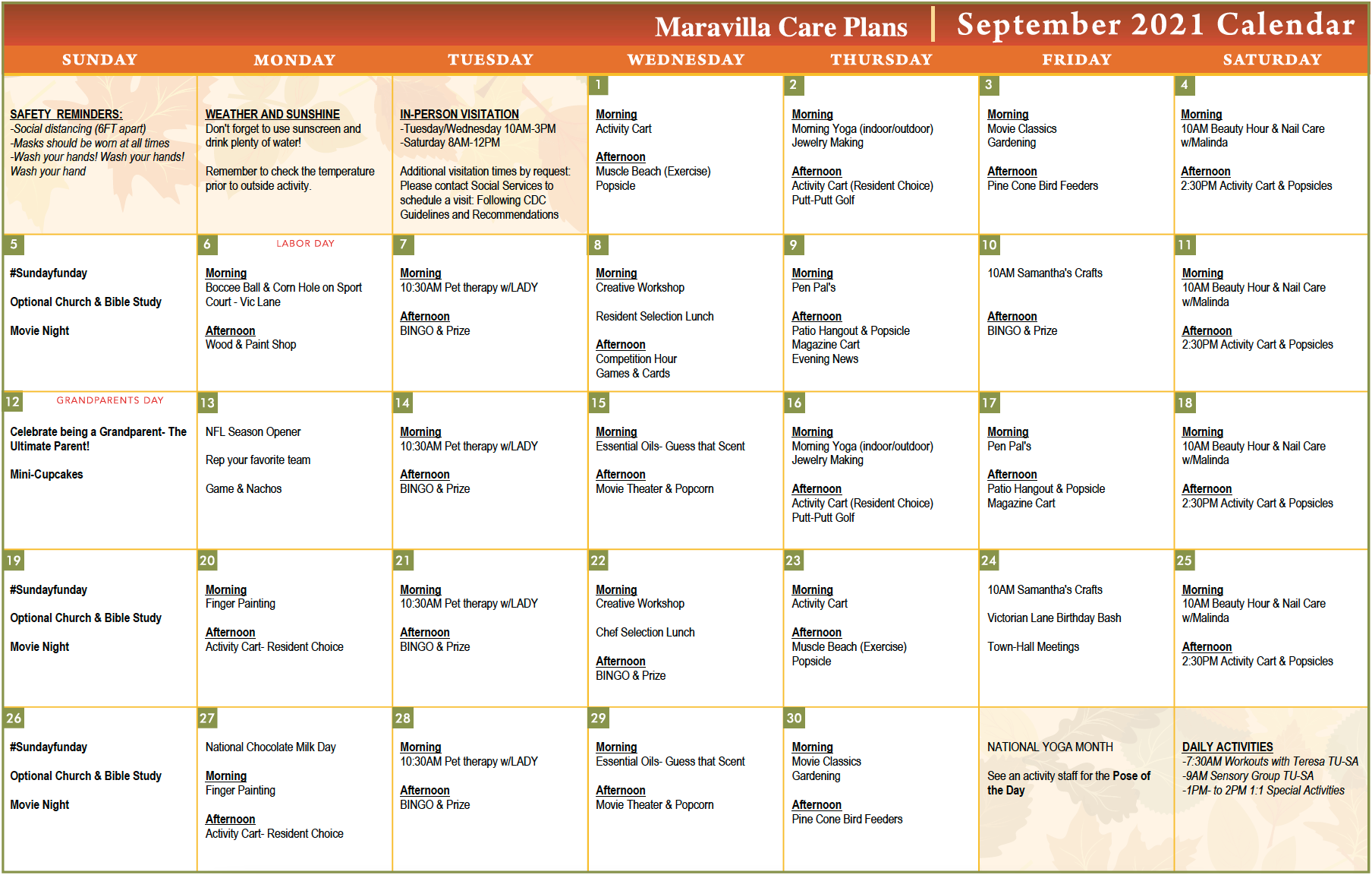 September 2021 Activities Calendar
